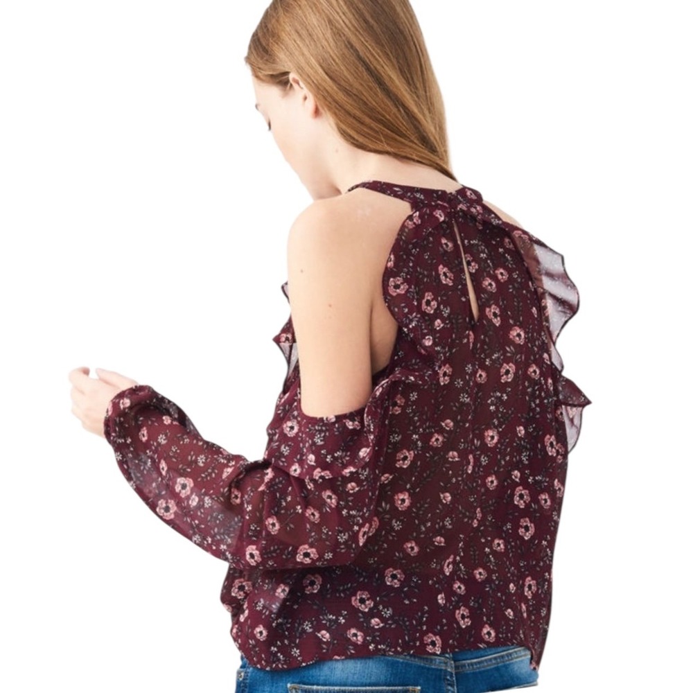 Aeropostale Floral Cold Shoulder‎ Ruffle Blouse Long Sleeve Top Maroon M - Picture 2 of 8